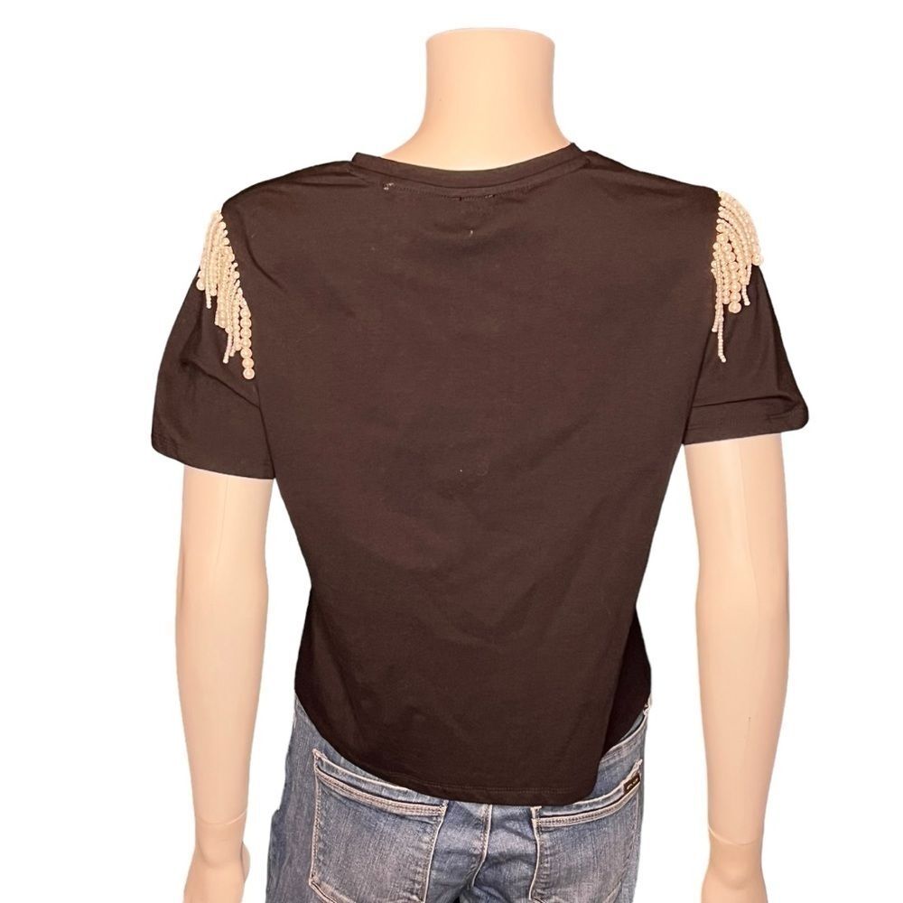 Joie Faux Pearl Fringe Shoulder Tee Black NWT Boho Chic Festival Luxe Y2K Top S - Picture 3 of 5